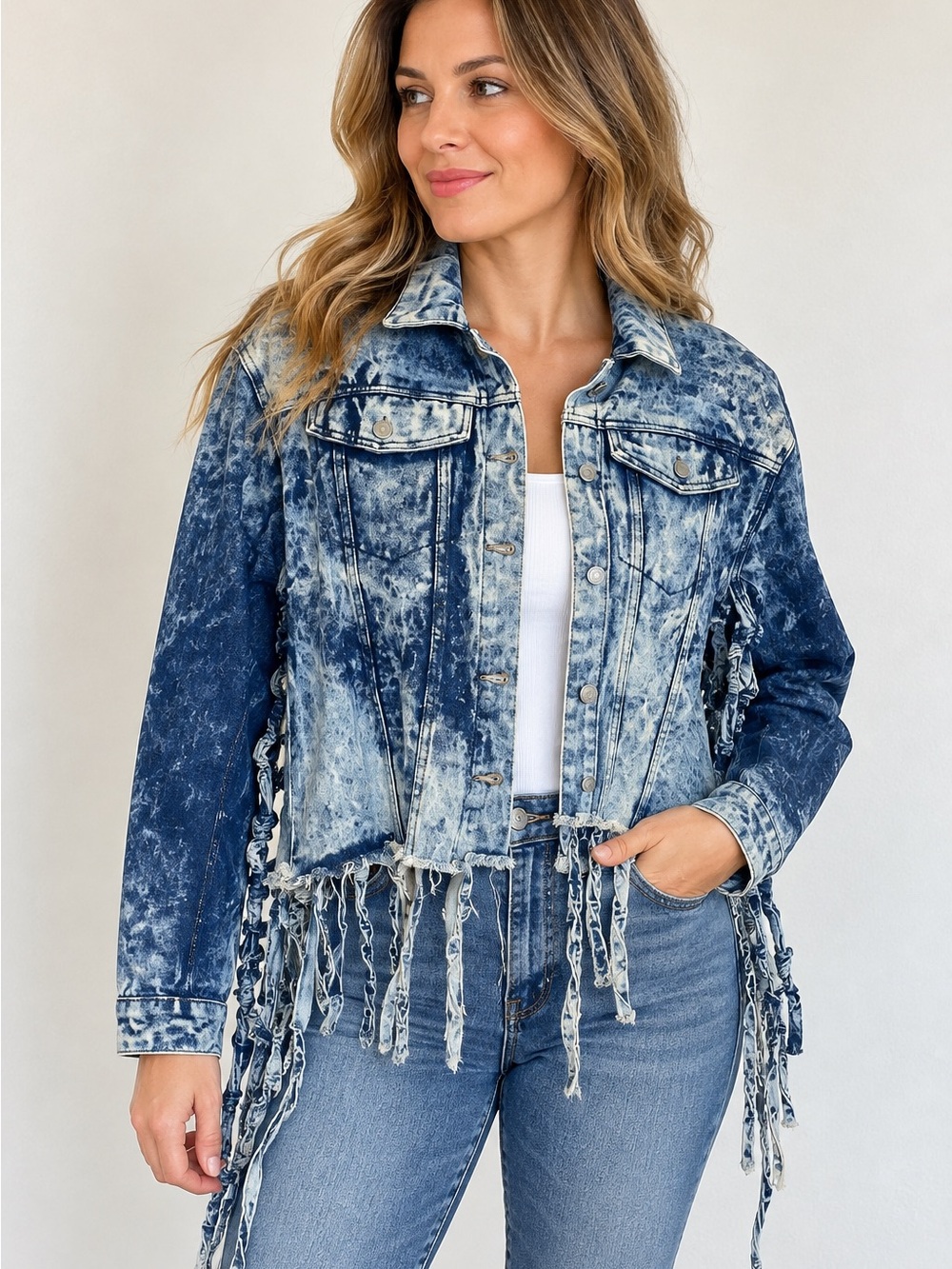 KROIX Acid Wash Denim Fringe Jacket Women’s L Blue Distressed Cutout Festival